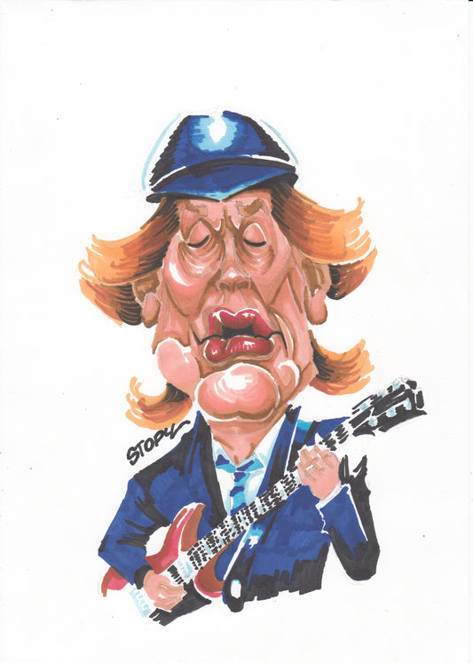 Caricature d'Angus Young - Légende d'AC/DC en Costume d'Écolier | Art Rock Unique